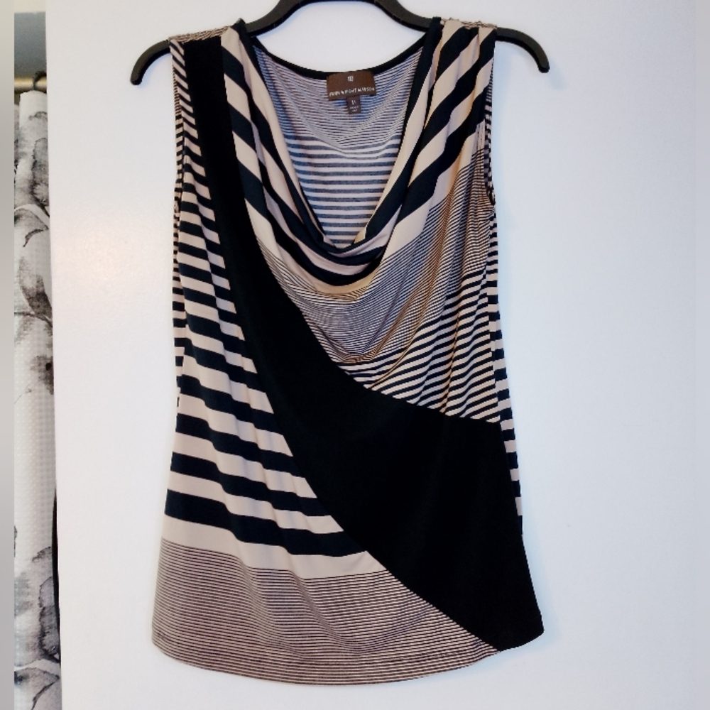 Tan And Black Striped Draped Cowl Neck Tank